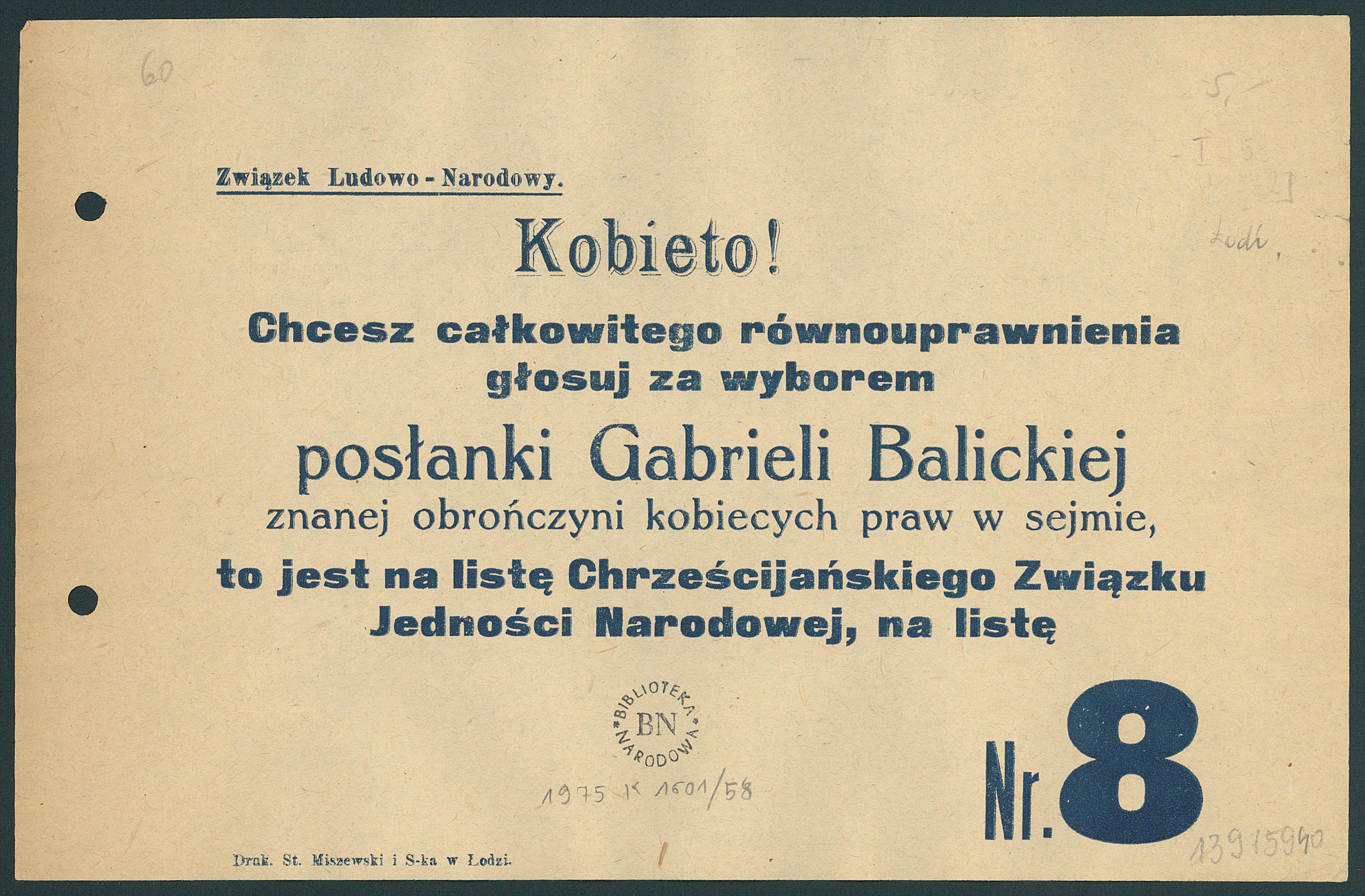 Plakat wyborczy z 1922 r. Gabrieli Balickiej-Iwanowskiej, działaczki Narodowej Demokracji, Biblioteka Narodowa